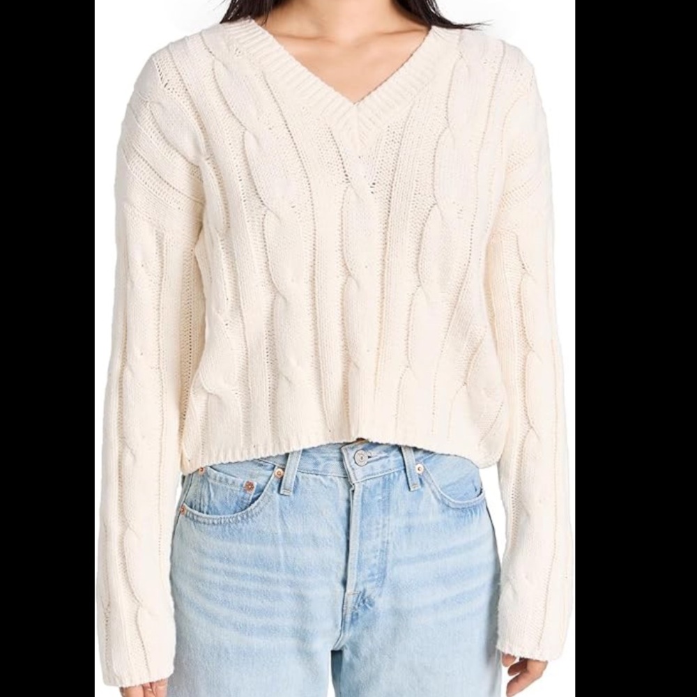 Olivaceous Cream V-Neck Cable Knit Sweater